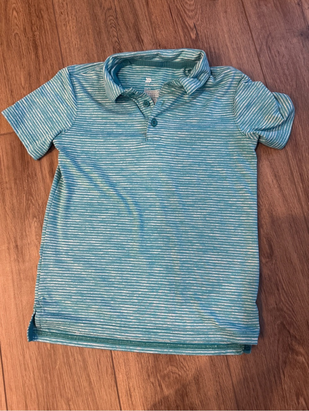 boys All in Motion teal striped polo shirt- S (6/7)